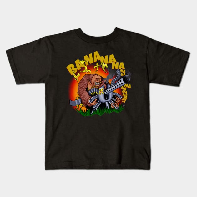 Funny Orangutan Machine Gun Bananas Kids T-Shirt by Space Truck
